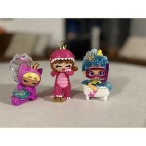 Pinypon Mini Figures Lot of 3 Mermaid Cat Pink Glitter Dino Bathtub Girl Crown